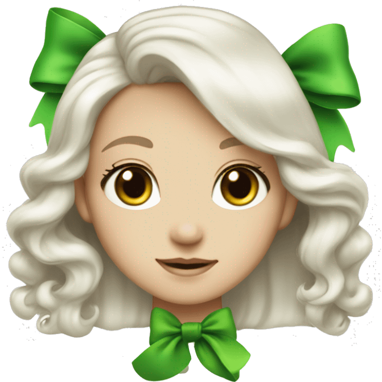 pale girl with long platinum white wavy hair with bright green eyes and wearing a black hair bow emoji