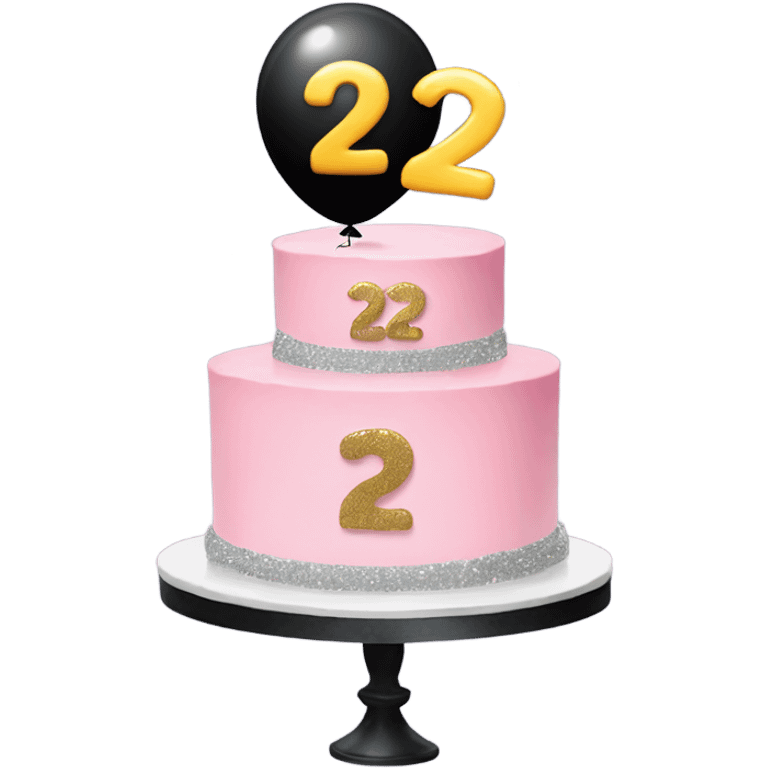 Black pastel with glitter, with the number 22 as a silver balloon and balloons behind the cake emoji