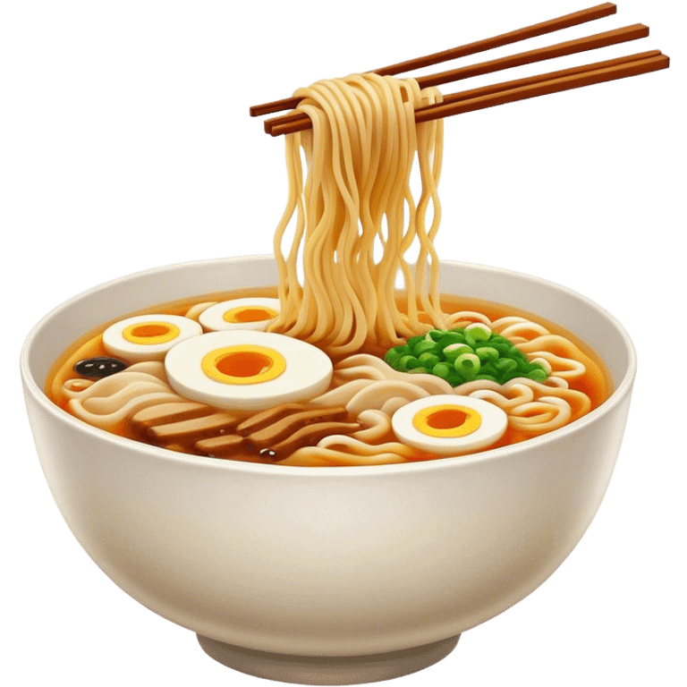 Cinematic Realistic Ramen Dish Emoji, showcasing a steaming bowl of rich broth with noodles and toppings rendered with dynamic textures and inviting, warm lighting. emoji