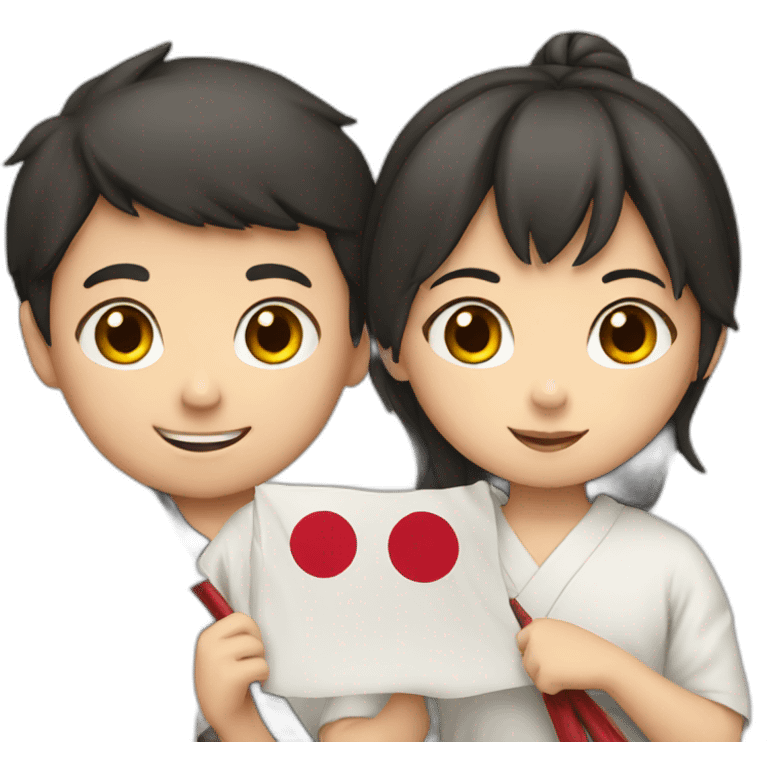 boy and girl holding Japanese flag emoji