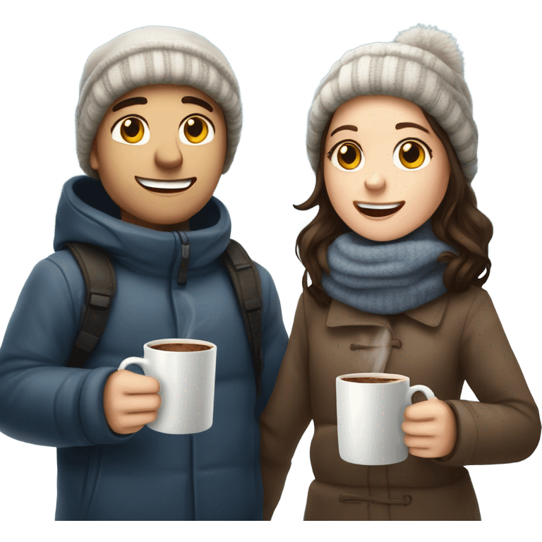 brunette girl and white boy covered up drinking hot chocolate emoji