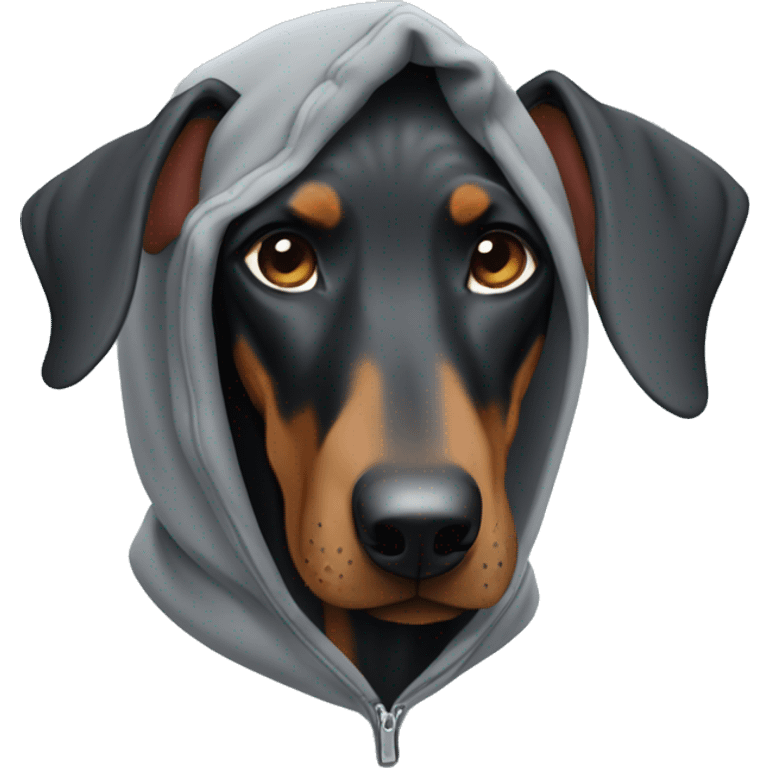 cute doberman wearing a grey baggy hoodie emoji