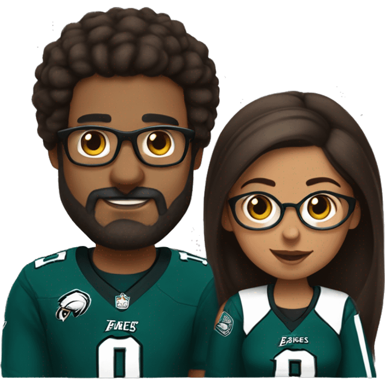 No glasses Brown guy with beard and mustache holding hands with a brown girl wearing glasses and hair in a bun in Philadelphia eagles clothing  emoji