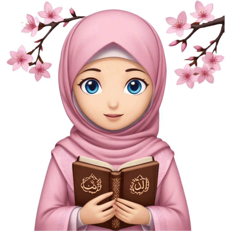 Turkish beautiful finish Konya girl blue eyes with hijab and cherry blossom dress have Quran  emoji