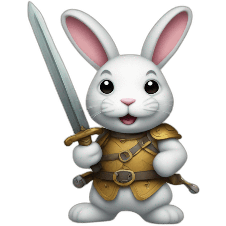 Bunny with sword in back with rugged smiley face emoji