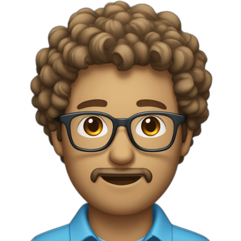 Portrait of light brown man with curly hair with a goatee and blue eyes with glasses and a sky blue shirt IT Developer emoji