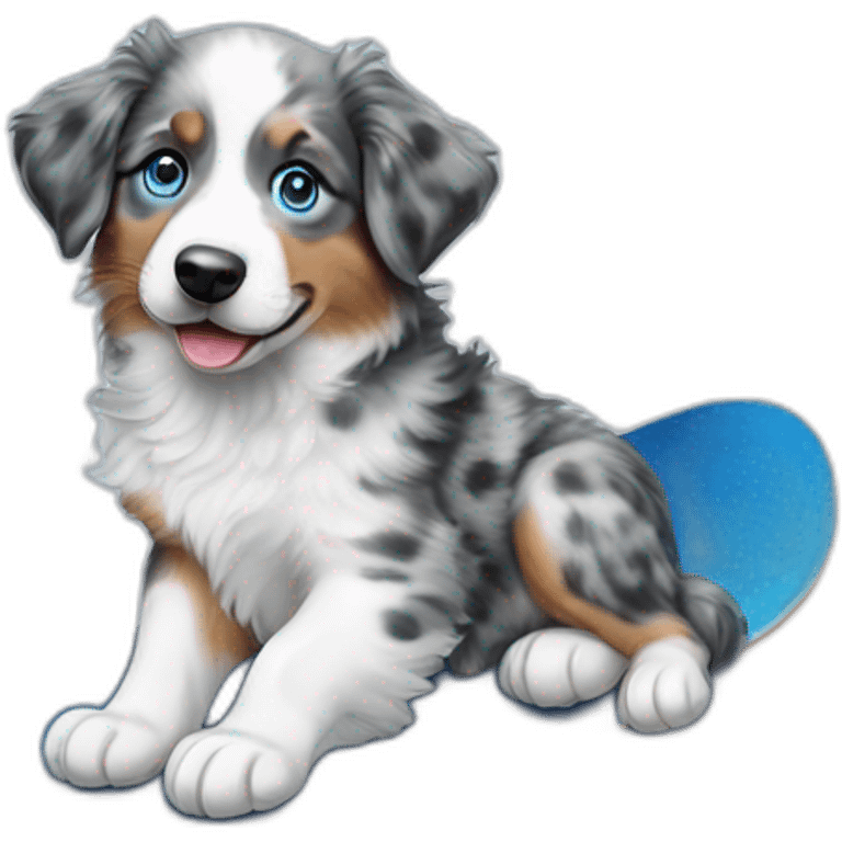 a 5 month old puppy, miniature American shepherd breed, blue merle color, with blue eyes, with a snowboard emoji