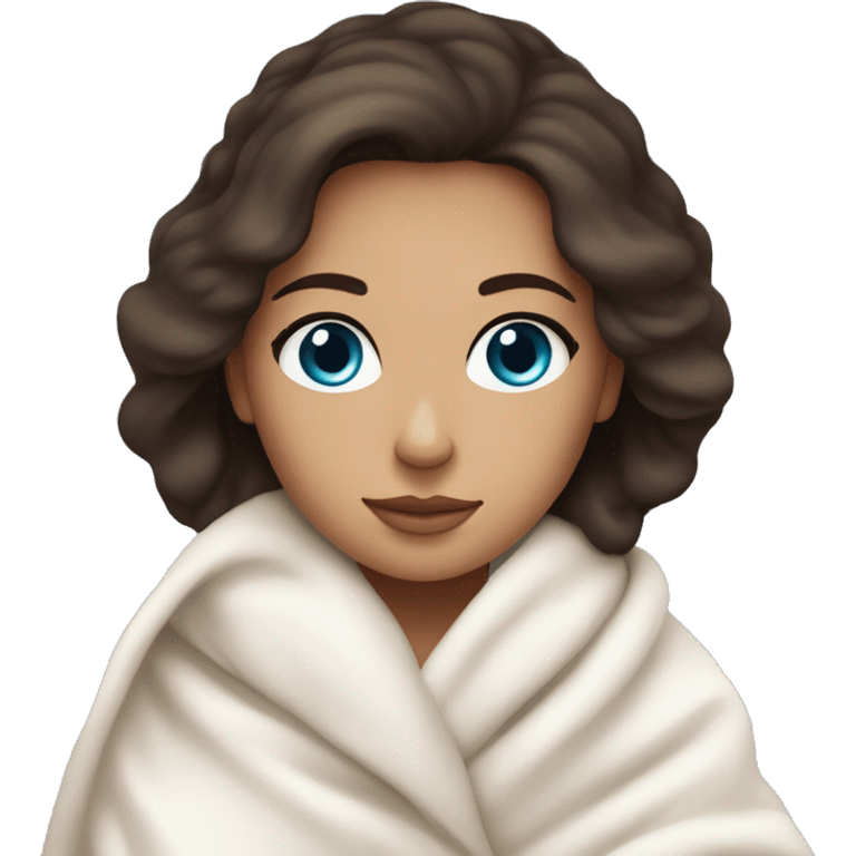 Beautiful brunette with slightly tan skin and blue eyes, wrapped up cozily in a warm white blanket. emoji