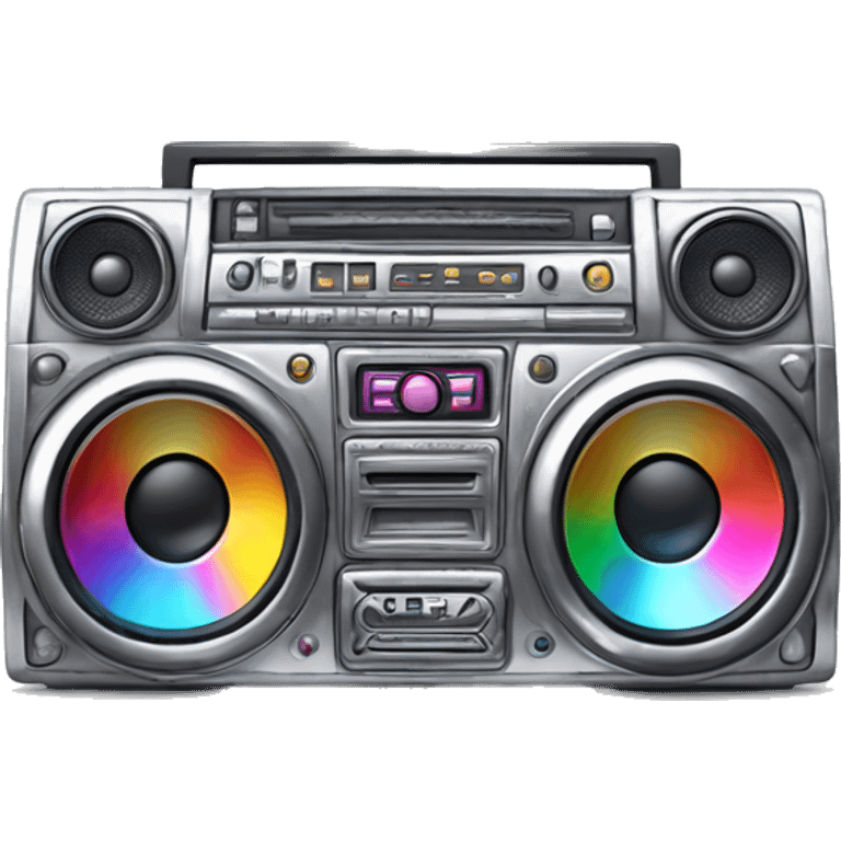 A chunky boombox with metallic silver casing, bold colourful buttons, and glowing speakers. Include graffiti-style patterns on the sides and a slight lens flare effect.   emoji