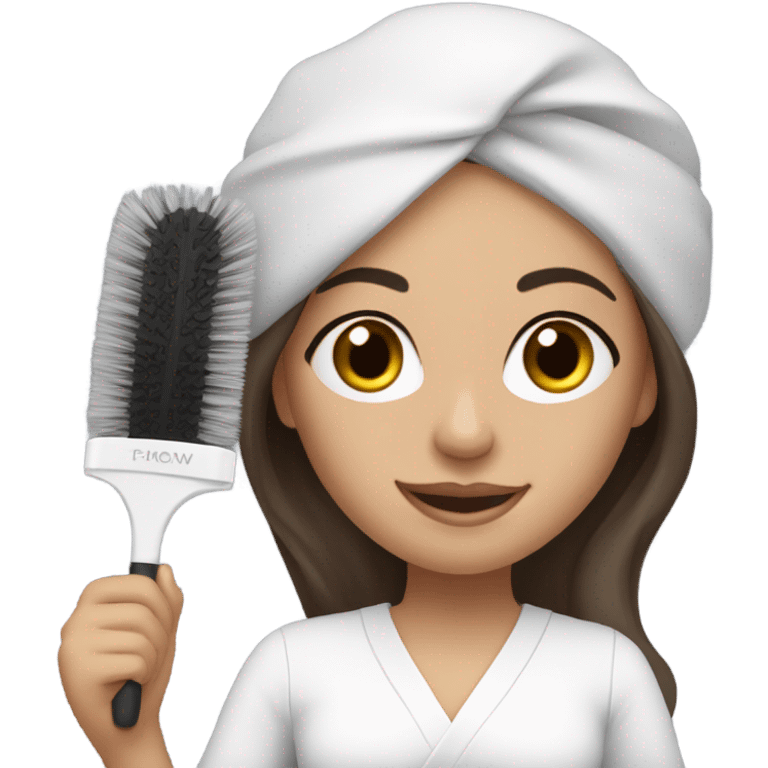 Brunette esthetician with hair down wearing white head band holding fan brush emoji