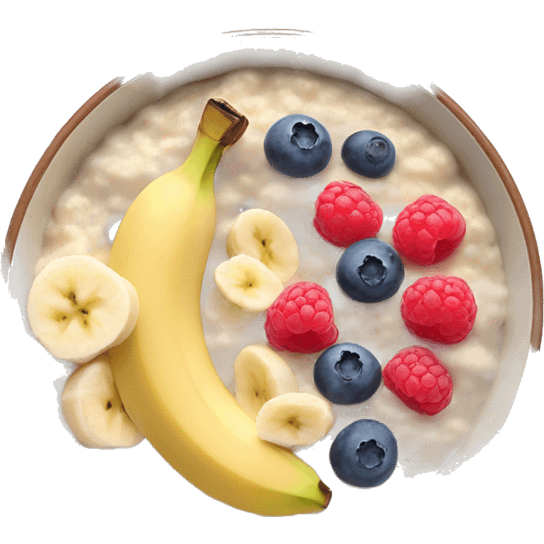 Porridge bowl with banana slices and blueberries and raspberries emoji