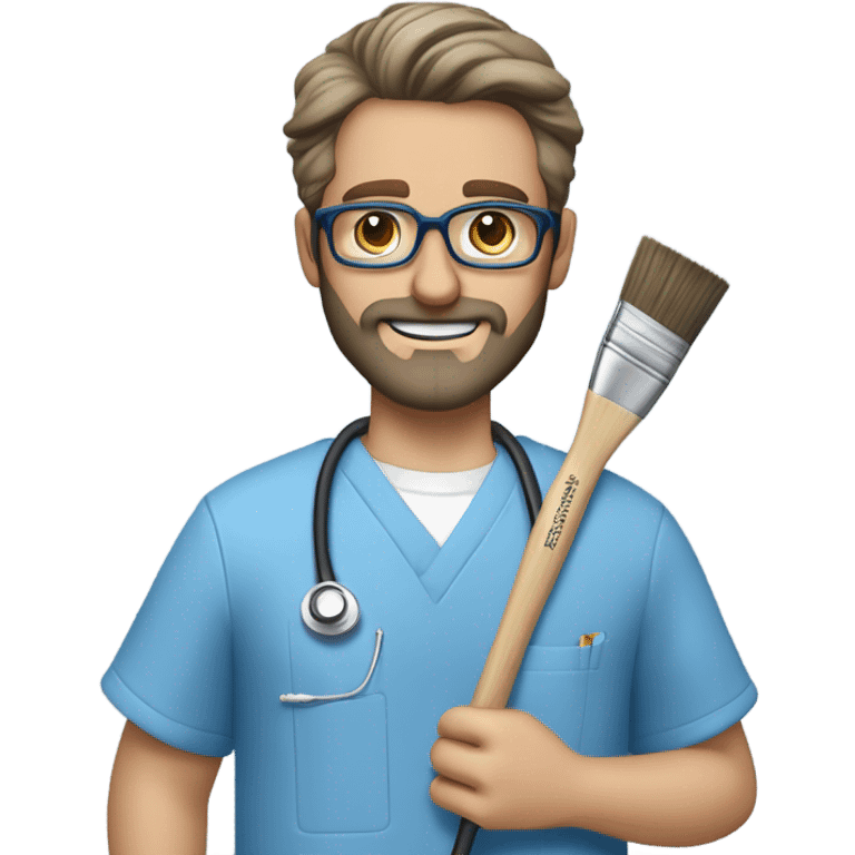 male dark blond haired doctor with grey van dyke beard with hazel eyes and small wire-rimmed glasses in blue scrubs holding a large paintbrush emoji