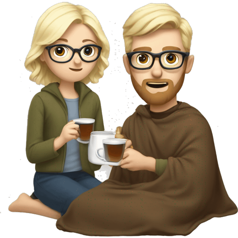 Pale blonde girl wearing glasses and short brown haired bearded man drinking tea under blanket emoji