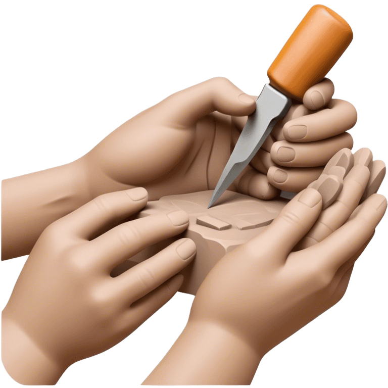 Clay sculpting icon, hands shaping clay, sculpted figure in progress, sculpting tools like chisels and knives, textured clay surface, minimalistic style, clean lines, transparent background. emoji