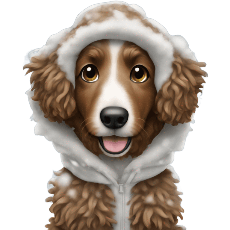 brown Aussie doodle in snow suit dancing like a human emoji