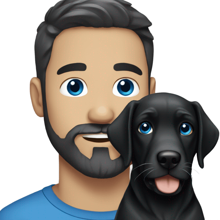 beard man black hair blue eyes face holding black Labrador  emoji