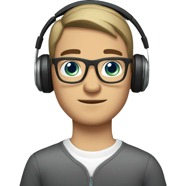 brunette guy with blue eyes in glasses and headphones for computer plays computer emoji