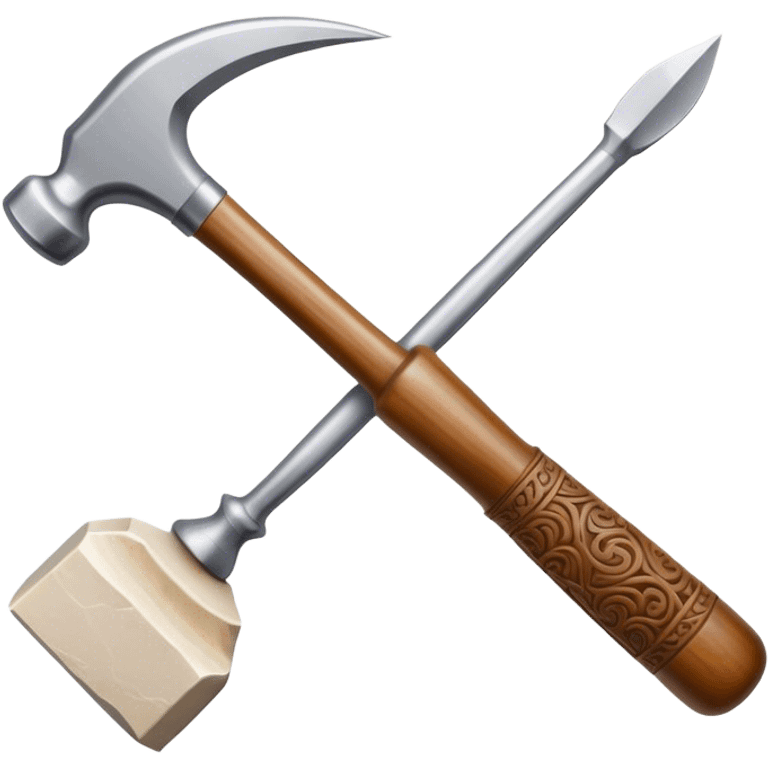 Carving icon, stone, bone, and horn with detailed patterns, carving tools like chisel, awl and hammer, minimalistic style, clean lines, transparent background. emoji