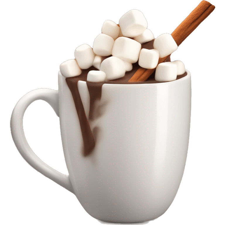 a mug of hot chocolate topped with marshmallows and a cinnamon stick stirrer emoji