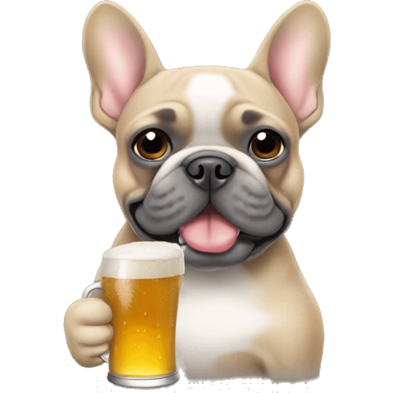 Tan and gray French bulldog holding a beer emoji