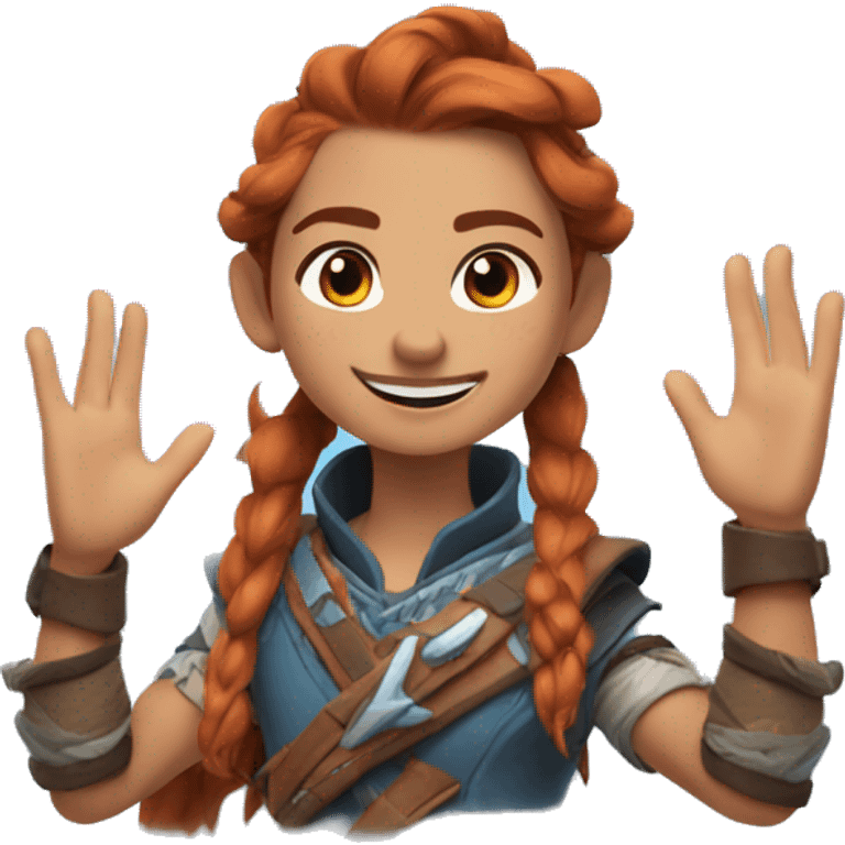 Aloy, waving goodbye, half-length, smiling emoji