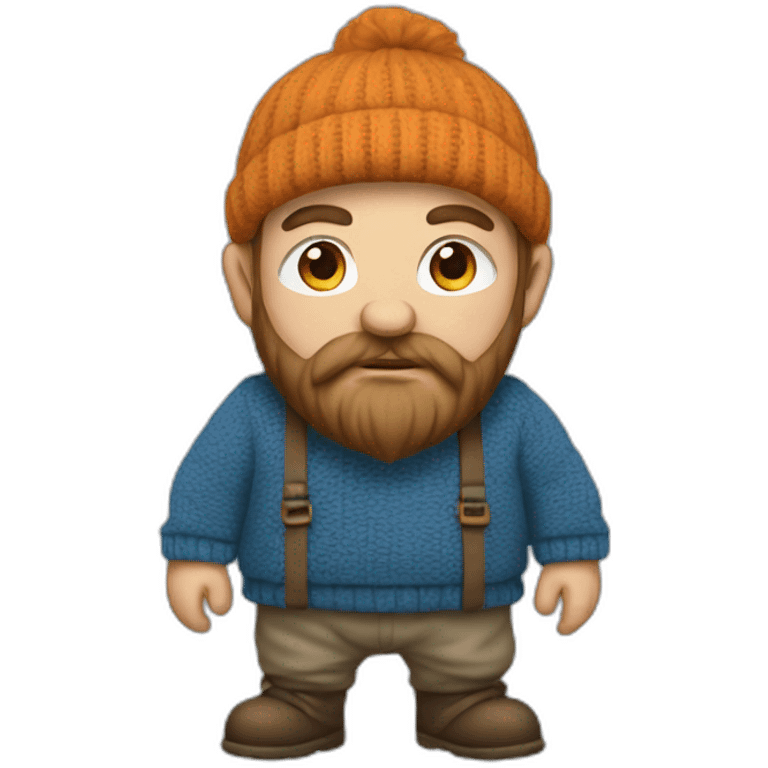 A dwarf in a gray sweater, a blue cap, blue pants with a displeased face emoji