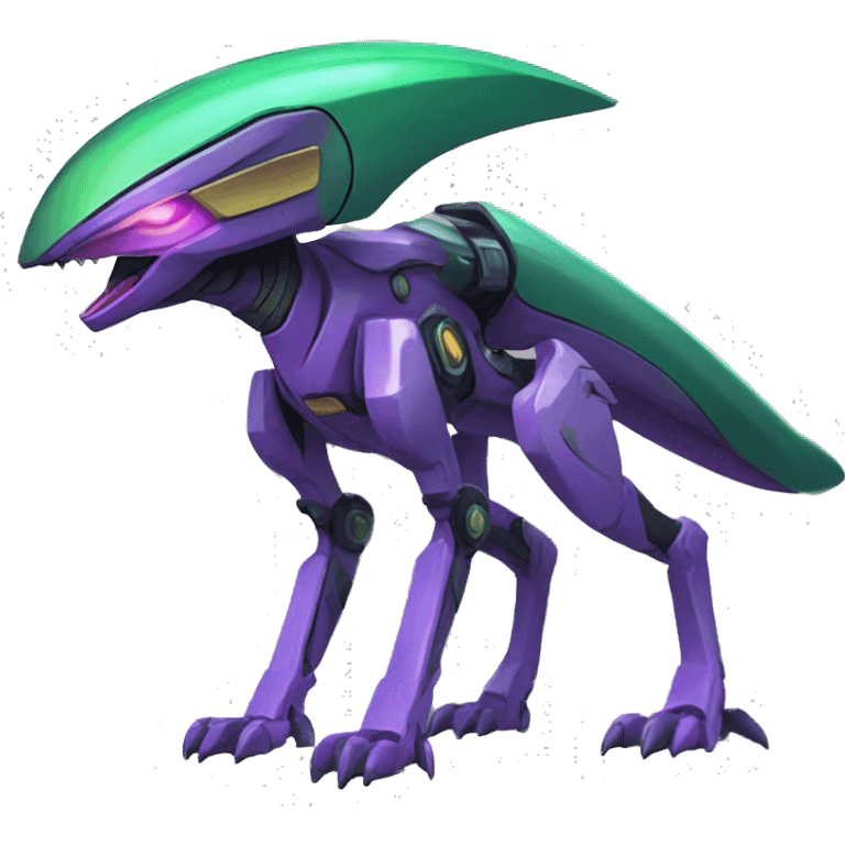 a purple-green Genesect-Raptor-Fakémon—hybrid with a futuristic visor-helmet full body emoji