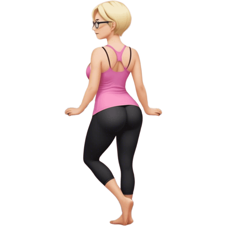 Render from knees up, view from the back, fair skinned woman, curvy, short blond hair, small reading glasses, cooking dinner in kitchen, pink loose tank top, showing natural B cup breast shape SFW, black yoga pants, large curvy booty emoji