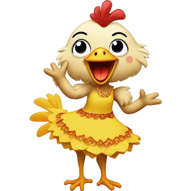 A chicken dancing forró dressed in a dress emoji