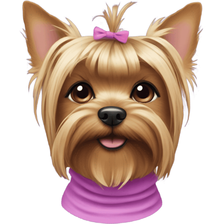 the face of a  Yorkshire Terrier  with a baby face with a ponytail on its head with a purple elastic band and pink short  emoji