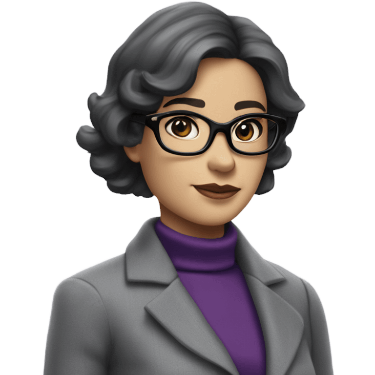 Full torso of Tv show young Diana Prince wearing grey suit with silk voile purple turtleneck and black eyeglasses  emoji