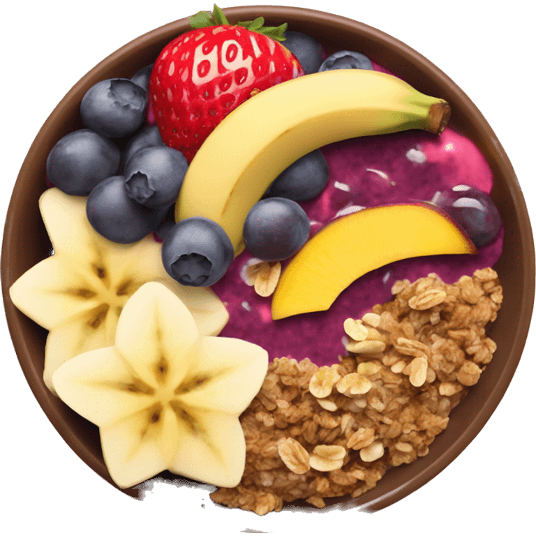 Açai bowl with granola sliced banana strawberry mango on top emoji