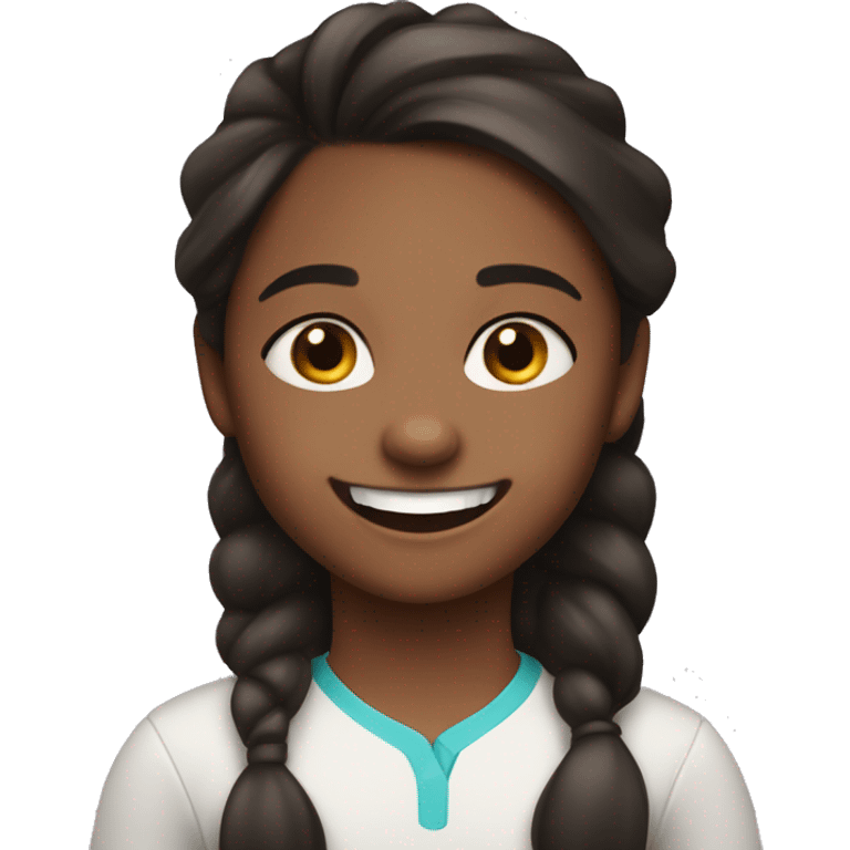 9 year old girl with slightly dark skin, wavy dark hair in a pony tail, and toothy smile emoji