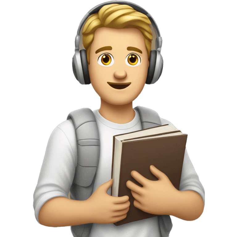 A white guy is a university student with books in his left hand, textbooks in his right hand, headphones

 emoji