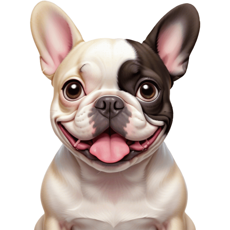 Cinematic Comical Pied French Bulldog Portrait Emoji, Head tilted with an exaggeratedly shocked, comical expression and wide, humorously expressive eyes, showcasing a distinctive pied fur of contrasting hues and a charmingly goofy face, simplified yet hilariously detailed, glowing with a sassy, playful radiance, high shine, exuding a mischievous and meme-worthy charm, styled with a soft glowing outline, capturing the essence of a Pied French Bulldog that looks ready to spark a viral laugh! emoji