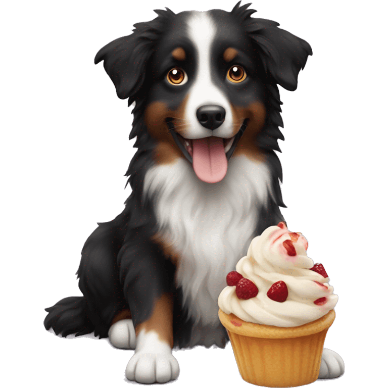 Small black australian shepherd dog with dessert  emoji