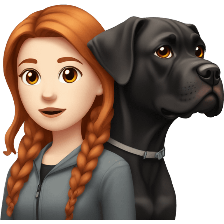 red-haired girl with brown eyes, pale skin sits with a black cane corso emoji