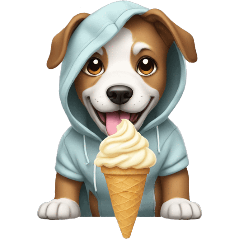 A dog wearing a hoodie and eating ice cream emoji