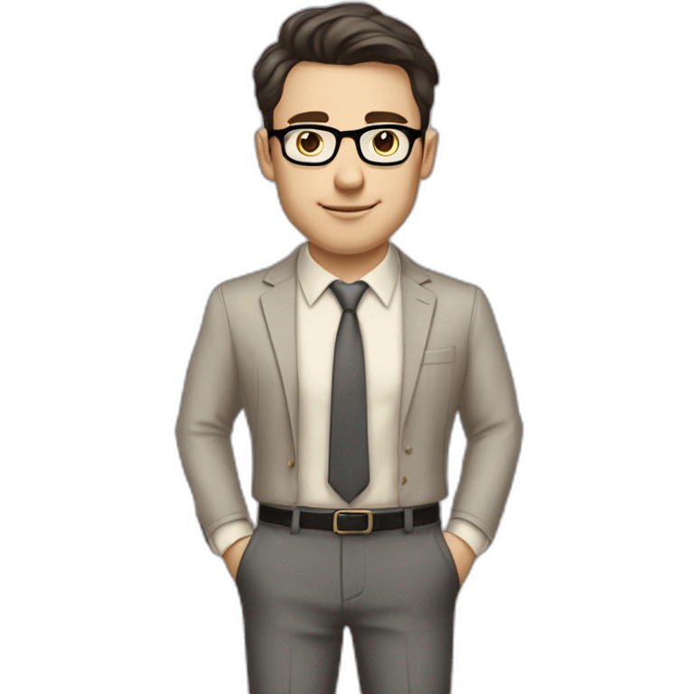 Full height Pale skinned Fit Man With dark brown hair in classic gray suit, beige office shirt, dark gray tie, and vintage glasses. His hands lock emoji