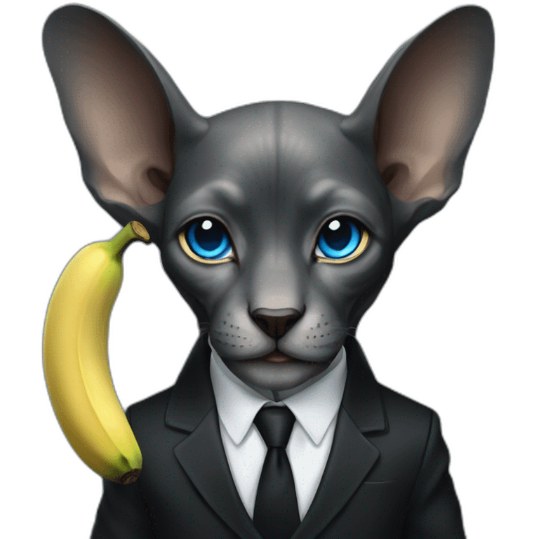 dark grey sphinx with bright blue eyes wearing black suit, holding banana in paws, portrait emoji