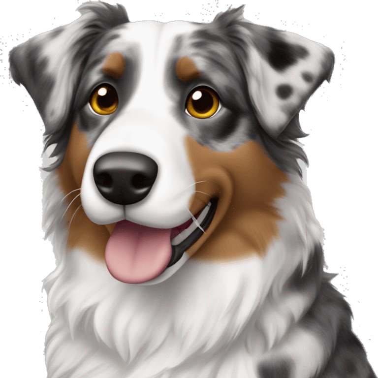 A spotted brindle, Australian Shepherd, white face with spots on the eyes and nose no other spots on the face or neck. The spots are gray and black. ￼ emoji