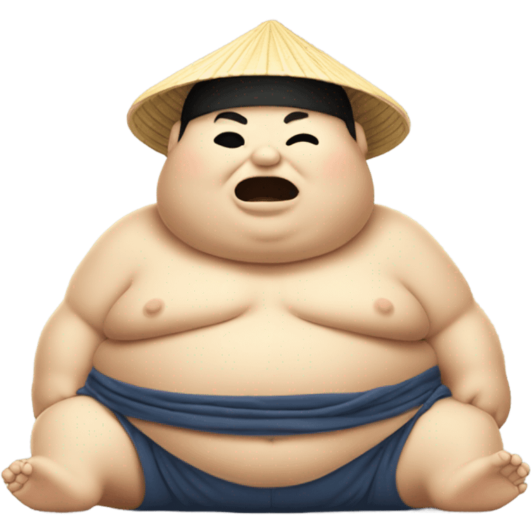 Fat sumo wrestler with a japanese hat on eaitng noodles emoji