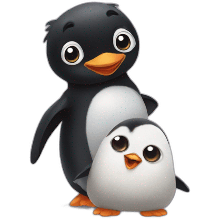 Little Penguin playing with black dog emoji