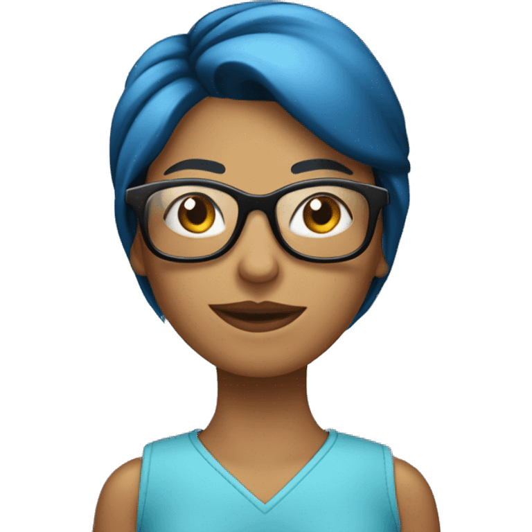 mujer con saco azul, camisa celeste,con lentes, cabello negro recogido en una cola. emoji