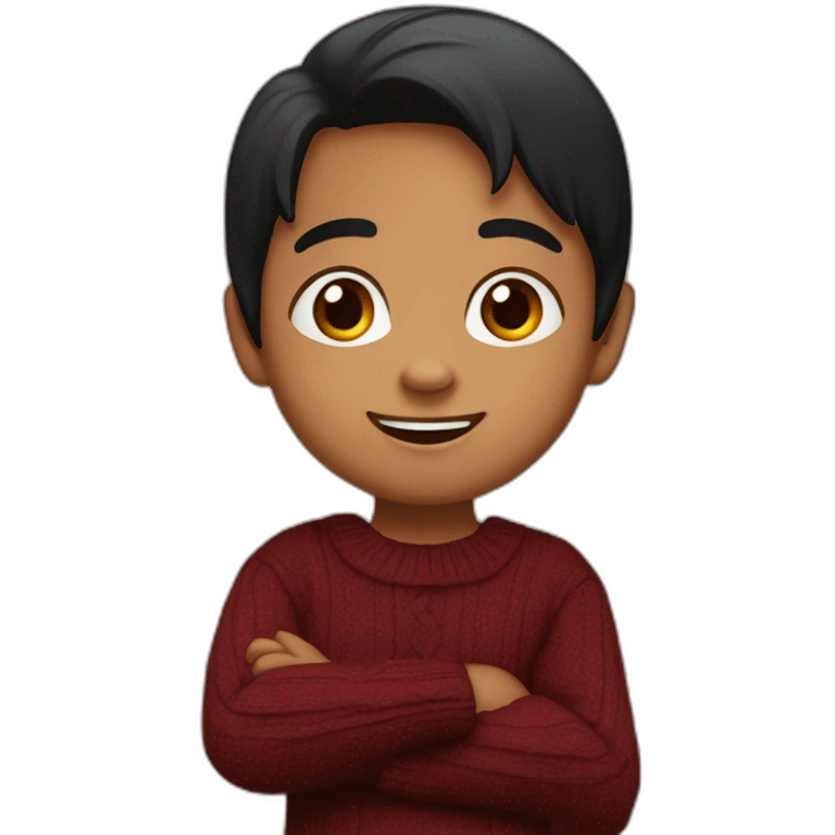 smiling and pointing north 3 years old indian with black hair wearing a dark red sweater emoji