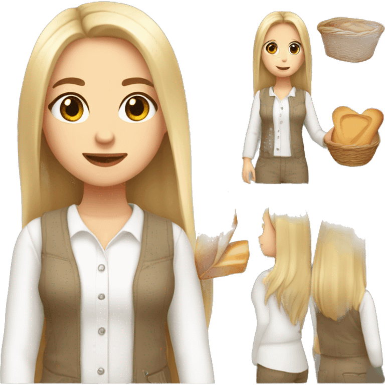 cute white girl, with jumpsuit, white shirt in it, long straight hair, holding a bread basket emoji