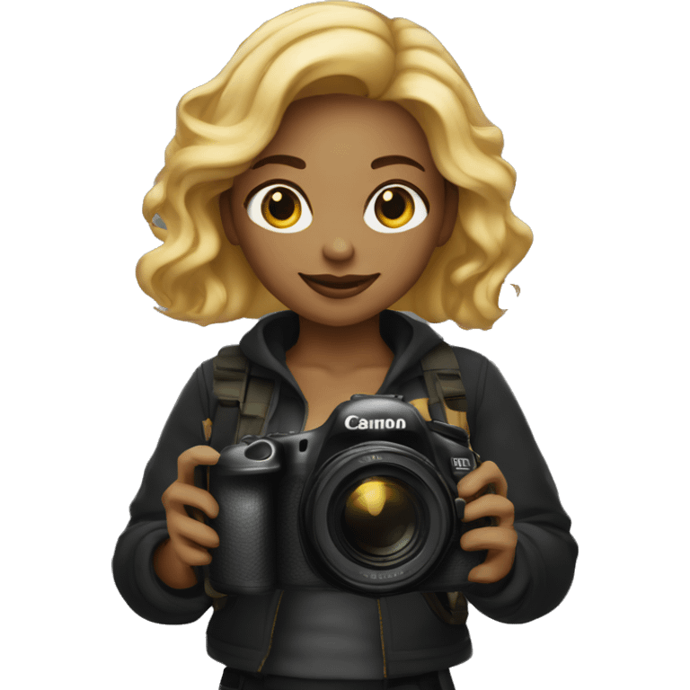 women photographer wearing black light skin with honey colored blonde hair holding a camera canon emoji