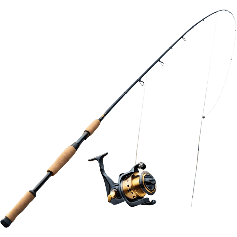 Cinematic Realistic Fishing Rod, sleek graphite rod with a smooth, polished reel, thin line disappearing into a shimmering lake, warm golden sunlight reflecting off the water, glowing with a tranquil and adventurous aura. emoji