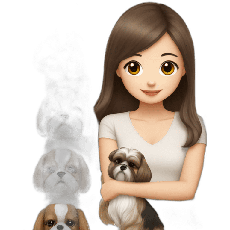 a asian girl in long brown hair sits with a white and brown shih tzu emoji