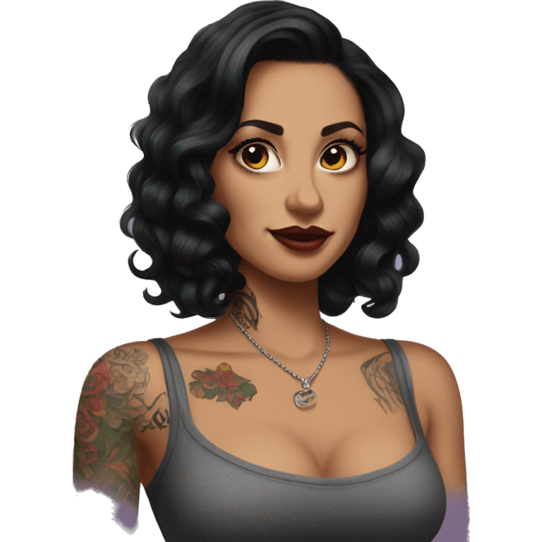 Pinupx shoulder length dark hair and tattoos .  emoji